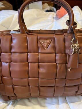 GUESS Woven Top-Handle Tote in Brown